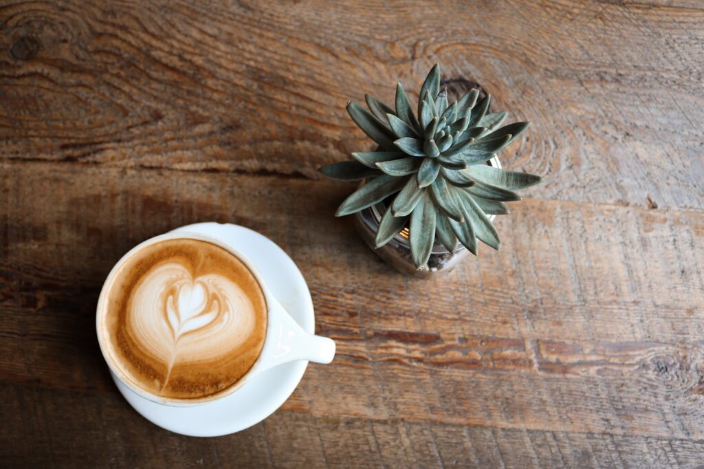 coffee, cafe, wood, hot, coffee cup, mug, cup, white, shop, restaurant, table, plant, green, leaves, vase, nature, brown shopping, brown restaurant, brown shop, brown cafe, brown cup